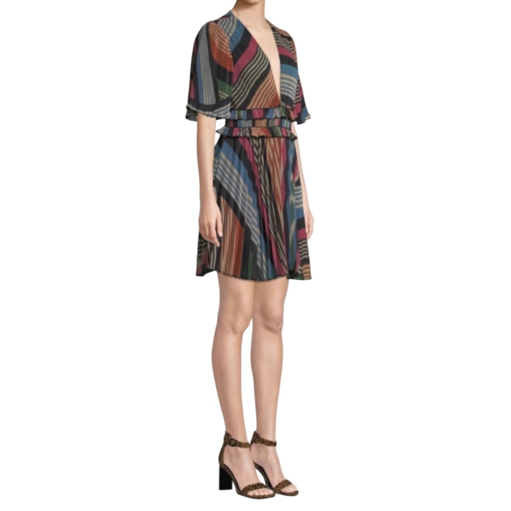 SAYLOR Multicolor Rainbow Striped V-Neck Flutter Short Sleeve Mini Pleated Dress